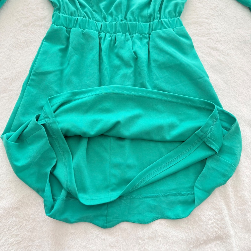 GB Green Fit Flare Dress Long Sleeve Pleated Waist Open Back Size Small - Picture 5 of 9
